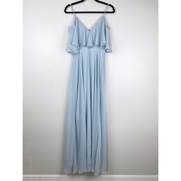 Jenny Packham Cold-Shoulder Chiffon Gown Light Blue Ruffle Maxi Size 2 NWT - Picture 4 of 10